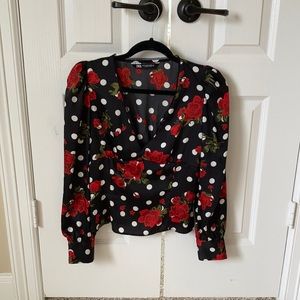 Zara satin blouse. Black with white and red roses.